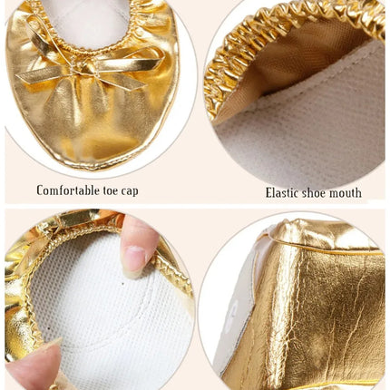 Comfortable Bowknot Belly Dancing Shoes Leather Golden Indian Dance Shoes Foldable Round Toe Foldable Ballet Flats Ladies