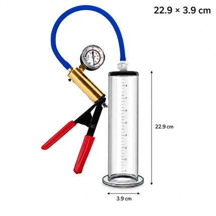Male Vacuum Pump Sex Toy with Clear Measuring Cylinder Blue Hose Red Handle Gauge and Man Masturbation Training Device