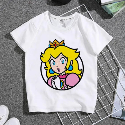 The New 2026 Super Mario Mary Cartoon Parent-child Outfit Male and Female Students Summer White T-shirt with Short Sleeves