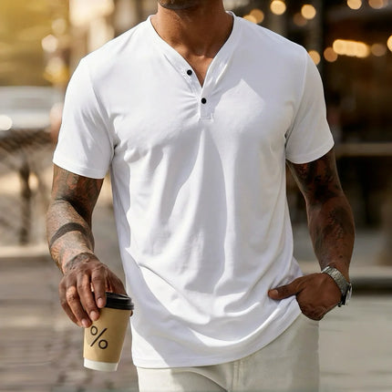 Men's solid color V-neck Henley short-sleeved T-shirt, casual button-down placket, everyday commuting base layer.