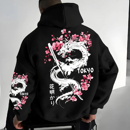 New Men's Anime Dragon Cherry Blossom Printed Hooded Sweatshirt Winter Fleece Warm Casual Street Comfort Inspired Design Hoodie