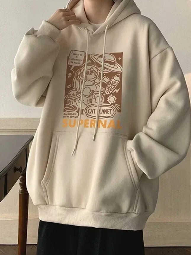 Autumn Cartoon Cat Planet Printed Hoodies Men's Y2K Vintage Purple Hooded Sweatshirts Women Hip Hop Fashion Fleece Hoody Clothes
