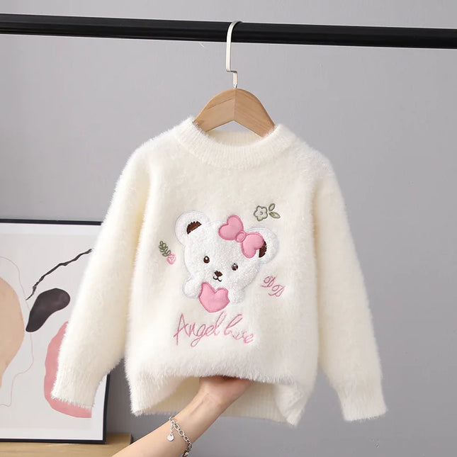 Autumn Winter Girls Sweater Keep Warm Little Girl Cotton Clothing Cartoon Bear Flocking Pullover Knitting Sweaters Kids GY07261