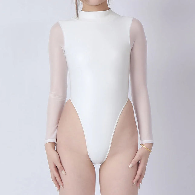 Women See Through Long Sleeve Bodysuits Underwear High Cut Faux PU Leather Body Shaper Mesh Erotic Bodysuit Jumpsuits