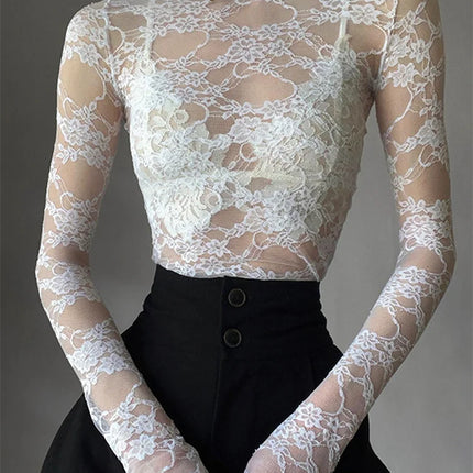 Women's Lace Floral T-shirt Long Sleeve Mock Neck Lace Slim Tee Tops Summer Sexy Retro See Through Crop Tops
