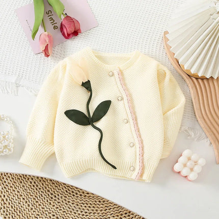 Children's Sweaters Three-dimensional Flower Korean Knit Sweater Cardigan for Girls Toddler Cardigan Sweater Korean Style