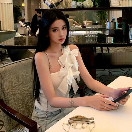 Black Bow Off Shoulder Halter Vest for Women Summer Sweet Sexy Simple Tops Mujer 2026 New Slim Fit Sleeveless Tank Top