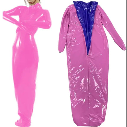 Lockable Cosplay Two Side Zip Long Sleeve Bodysuit Turtleneck Wetlook PVC Leather Bondage Bag Sleeping Body Suit Party Costume