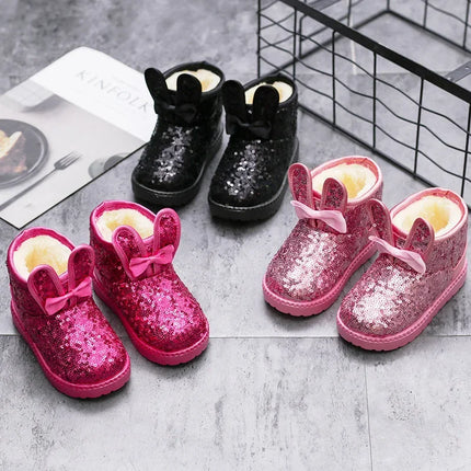 Girls Snow Boots Bunny Ear Bowtie Sequins Cute Winter Warm Ankle Boots Princess Toddler Non-slip Fashion Kids Boot Glitter Bling