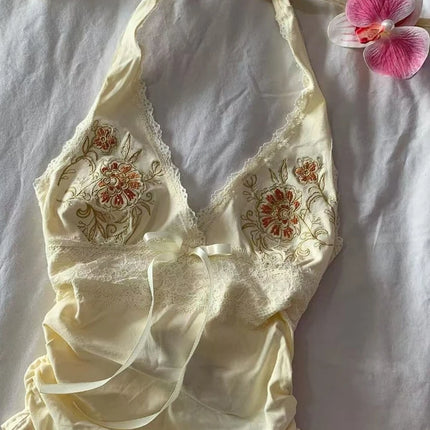 2025 Summer Aesthetic Vintage Slim Slash Neck Vest Women Sexy High Street Embroidery Print Sling Tops Y2k Hot Girl Lace Clothes