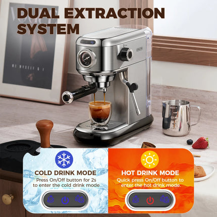 CafeLffe Coffee Maker Cafetera 20 Bar Inox Semi Automatic Super Slim ESE POD& Powder Espresso Cappuccino Machine Hot Water H11