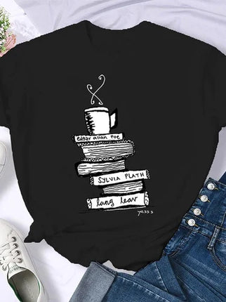 Coffee Books Brown books American retro T-shirt woman round neck half sleeve T-shirt printed T-shirt top woman oversized