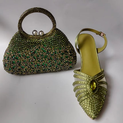 INSIGHTLINK Luxury Olive Green Rhinestones Women's Shoe and Bag Set for Party Wedding Crystals Heeled Pumps and Handbag Sandals