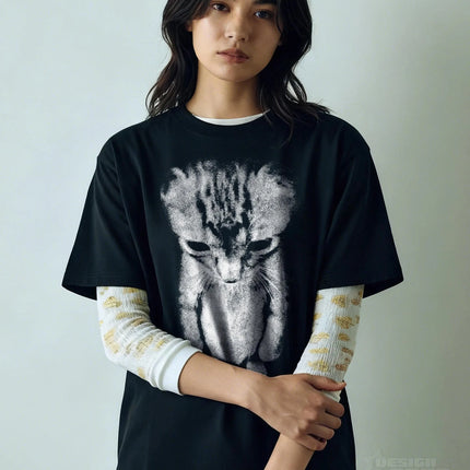 Sad Kitten Meme Standing Cat T-Shirt Summer Men's and Women's Loose and Breathable T-shirt Top