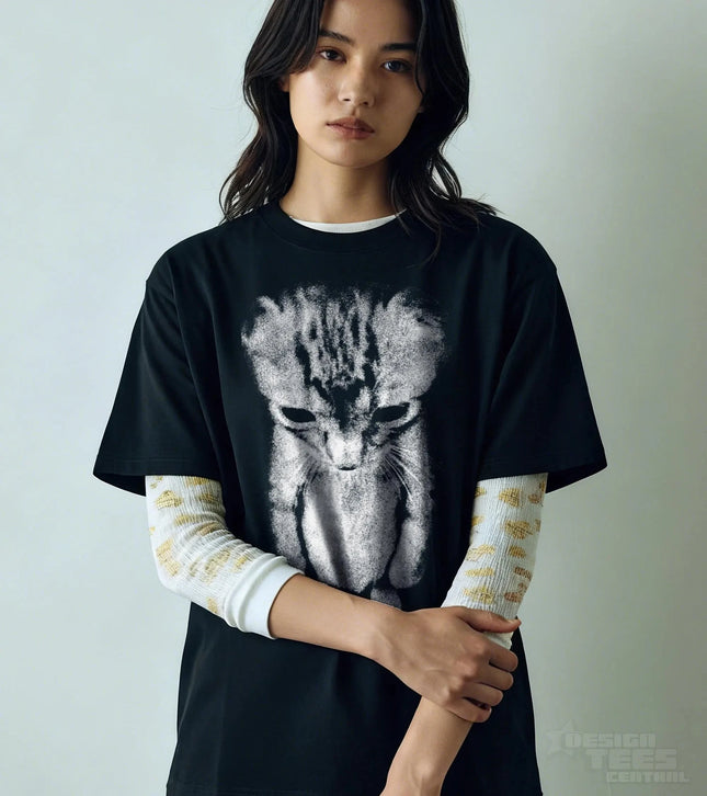 Sad Kitten Meme Standing Cat T-Shirt Summer Men's and Women's Loose and Breathable T-shirt Top