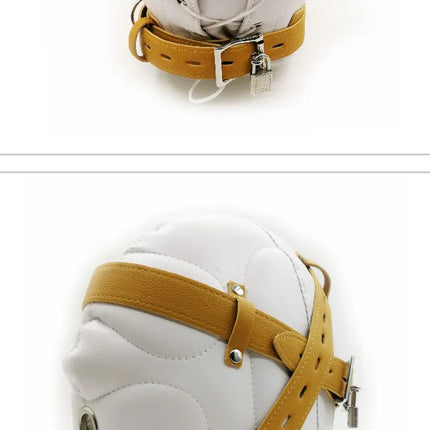 BDSM PU Leather Total Sensory Deprivation Full Head Bondage Hood Headgear Mouth Open Lockable Gimp Bondage Sex Toy for Couple
