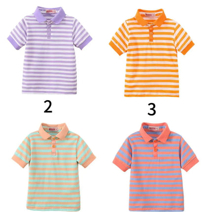 New short sleeved striped polo shirt for girls in summer, fashionable children's clothing for ages 1-9