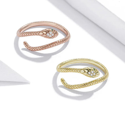 BAMOER 925 Sterling Silver Retro Textures Snake Adjustable Ring, 18K Gold Green Zircon Animal Ring Stackable Jewelry 4 Colors