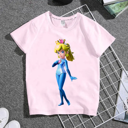 2026 New Cartoon Mario Princess Children's Clothing T-Shirt - Summer Boys and Girls Short-Sleeved Pink Family Set Student Shirt