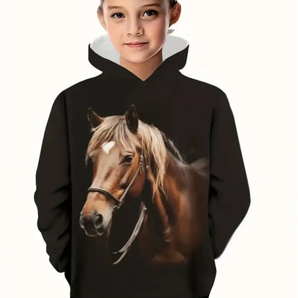 Cool Horse Girl Clothes Animals 3D Print Autumn Long Sleeve Hoodies Loose Lightweight Sweatshirt Comfortable Children's Clothing