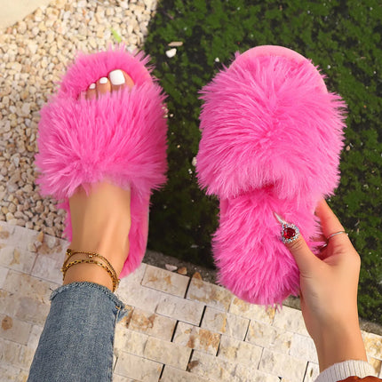 Cross Band Fur Slippers for Women Fluffy Open Toe Shoes Plush Flat Home Fuzzy Floor Slipper Woman Cozy Warm Soft Sole Anti Slip