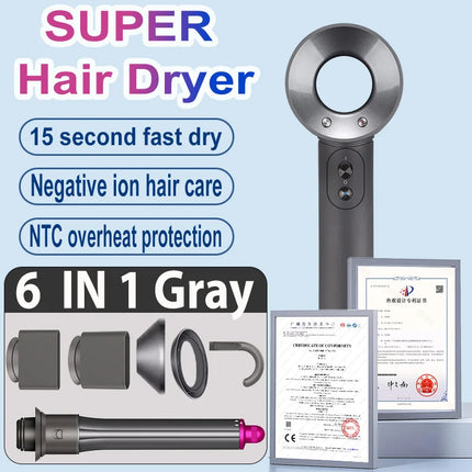 6 IN 1 Super Hair Dryer Negative Ion Hair Care Blow dryer Salon Barber Leafless Tourist Hairdryer with Diffuser & curler