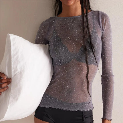 hirigin Women Rhinestone Mesh Sheer Tops Slim Fit Bling See Through Long Sleeve Lettuce Trim Shirts Spring Summer Party Cover Up