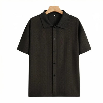 Men's Vacation Casual Style Knitted Geometric Striped Crochet Textured Jacquard Loose Short-Sleeve Shirt Hawaiian Beach Shirts