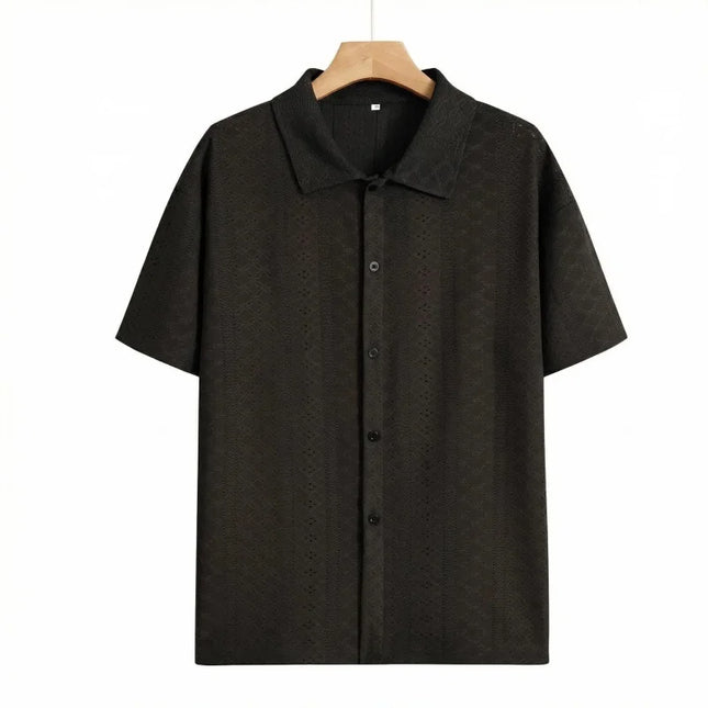 Men's Vacation Casual Style Knitted Geometric Striped Crochet Textured Jacquard Loose Short-Sleeve Shirt Hawaiian Beach Shirts