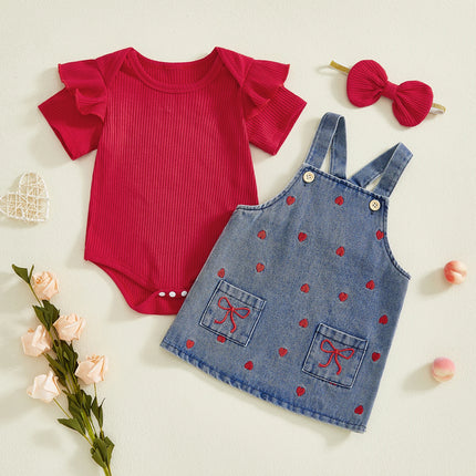 3Pcs Infant Girl Valentine s Outfit Ruffle Short Sleeve Crew Neck Romper Heart Embroidery Overall Dress and Headband Set