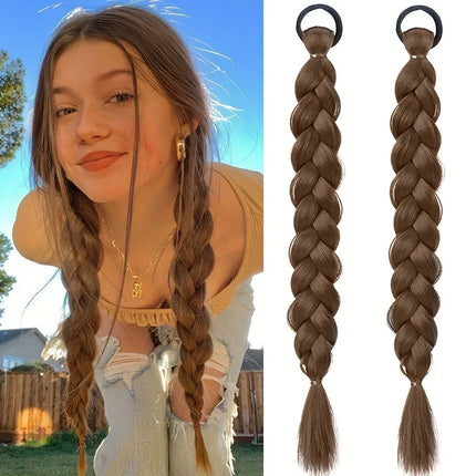 2pcs Braiding Ponytail Hair Extensions Synthetic Long Wrap Around Braided Horse Tail Brown Braid Ponytail for Women Hairpiece