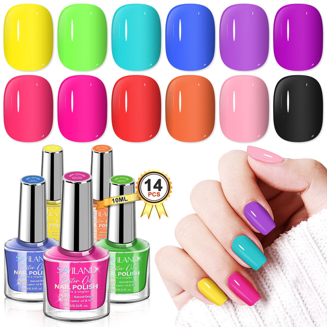 SAVILAND 12 Color Glitter Nail Polish Set Air Quick Dry Non Gel with Base Top Coat Holographic Shimmer Lacquer for Manicure