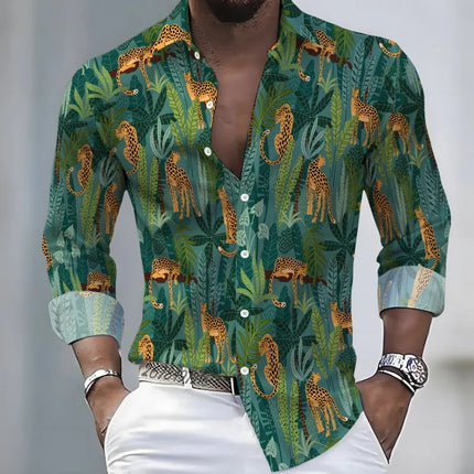 2026 New Hawaiian Style Coconut Tree Print Long-Sleeve Shirt, Stylish Print Men's Casual Vacation Loose Collar Hawaiian Shirt
