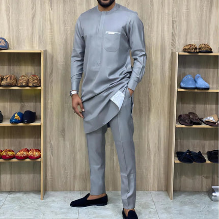 New Dashiki Men's Set Grey Round Neck Long Sleeve Luxury Brand Men's Suit Casual Slim Fit Men's Set Wedding Evening Suit
