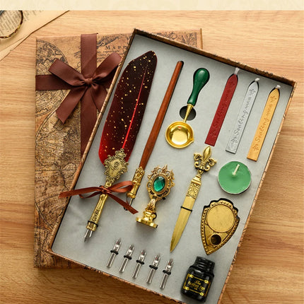 Luxury Fountain Pen Set, Retro Sprinkling Feather Pens Calligraphy Writing Dip Kit with Wax Seal Stamp & Replace Nibs, Gift Box