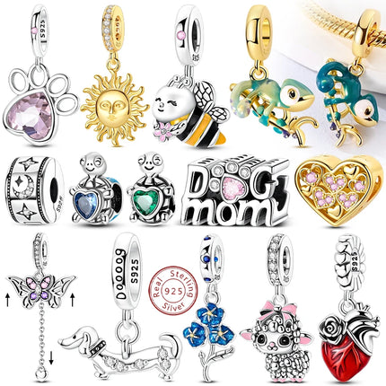 New Original 925 Sterling Silver Charms Bead Gold Chameleon Turtle Cat Charm Fit Bracelet Dangle Pendants DIY Women Jewelry Gift