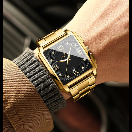 BINBOND Luxury Quartz Watch for Men Golden Square Large Dial 30M Waterproof Leather Strap Wrist Watches Date Display Men's Watch