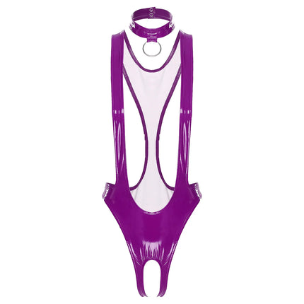 Womens Sexy Glossy Patent Leather Crotchless Bodysuit Monokini Sling Latex Catsuit Special Occasion Costume with Choker Necklace