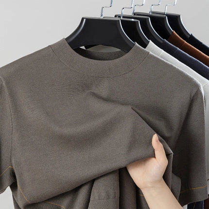 2026 Spring/Summer New Men's Short Sleeved 100% Wool T-Shirt Sweater O-neck Solid Color Loose Knit Pullover Business Casual Tops