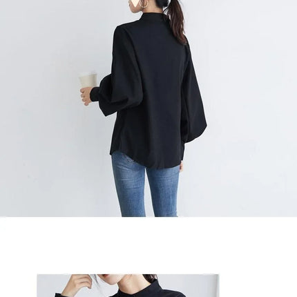 Spring Fashion Women Solid Stand Collar Casual Elegant Fashion Women's Top Clothing Blouse Shirt Lantern Long Sleeve Women's Shirts