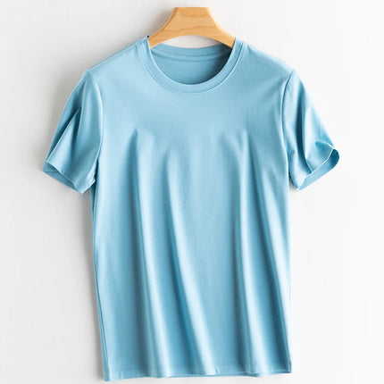 SuyaDream Women Solid T shirts, Silk Cotton Blend, O Neck, Short Sleeved Solid Tee,2025 Summer Candy Colors Basic Cozy Top Green