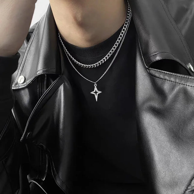 Double Layered Cuban Star Pendant Necklace for Men Titanium Steel Hip-Hop Design Collarbone Chain Unisex Jewelry Wholesale
