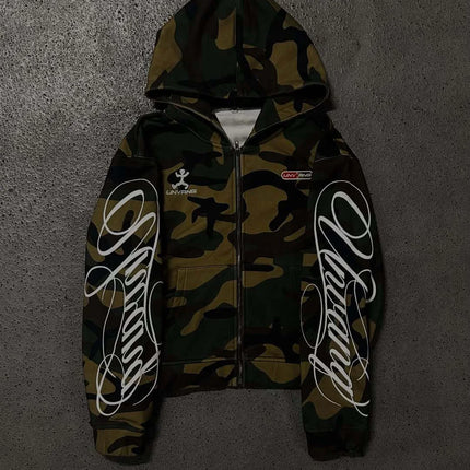 Unisex Spring Printed Hooded Camouflage Cardigan American High Street Style Pullover Hoodie for Men And Women