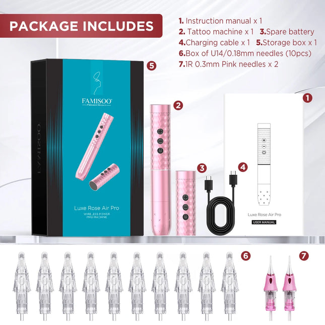 FAMISOO Professional Permanent Makeup Machine Kit With 12pcs Needles Wireless Tattoo Machine For Brows Lip Eyeliner SMP Tattoo