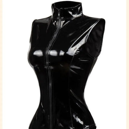 Latex Bodysuit High Cut Video Game Cosplay Costume Slim Fit Black Leather Fetish Wear Seductive Power Suit for Women Role Play
