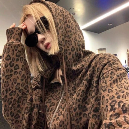 Aesthetic Hot Girl Loose Leopard Print Hoodie Women's Gothic Y2k New Zipper Hooded Coat Female Fashion Vintage Thin 2025 Clothes