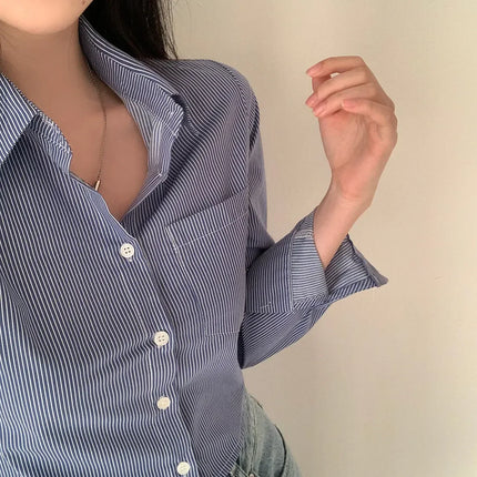 Spring High Waist Slim Fit Striped Shirt Women's Button up Polo Collar Cotton Polyester Blend Fashionable Korean Style