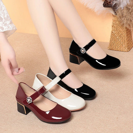 Women's Leather Shoes New Style Dancing Shoes Leongyue Mother Shoes Soft Sole Thick Heel Women's Shoes One-Button Single Shoes