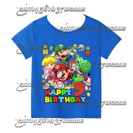 Super Mario Birthday Number T-Shirt Blue Short Sleeve Cartoon Figure Party Top for Men Women Kids - Family Matching Gift