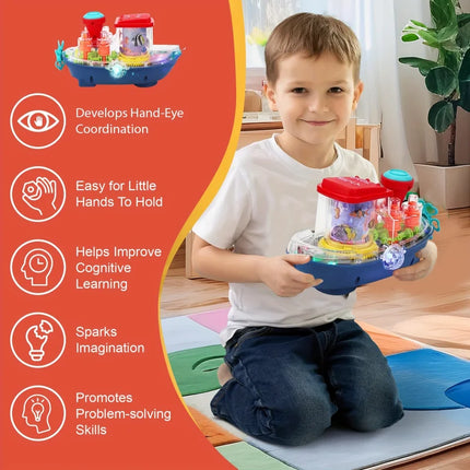 Transparent Gear Ship，Electric Universal Fun Toy，Cool toys that kids love（Battery not included），Colorful Lights，Melodious Music，